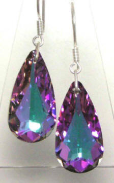 A pair of teardrop shaped Light vitrial Swarovski Crystal Earrings on sterling silver earwires.