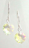 Pair of heart shaped Aurora Borealis Swarovski earrings on sterling silver earwires.