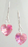 Pair of heart shaped Rose Swarovski earrings on sterling silver earwires.