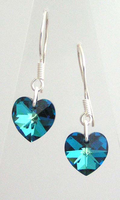 Heart shaped Swarovski crystal earrings on sterling silver earwires.