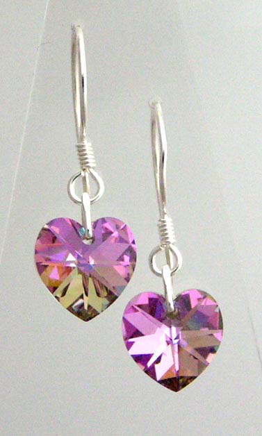 Heart shaped Swarovski crystal earrings on sterling silver earwires.