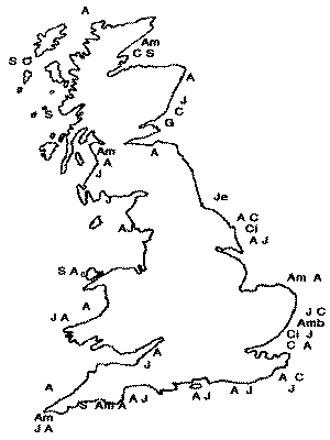 Line map of the British Isles showing some areas for finding stones suitable for tumbling.