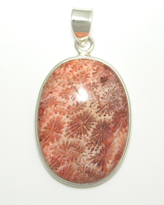 Oval pendant set with sterling silver and Fossil Coral.